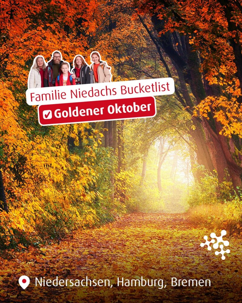 Zeit für eine herbstliche Bucketlist! 🍂 Was steht bei dir im Oktober an? Familie Niedach hat sich schon einiges vorgenommen und nutzt das Niedersachsen-Ticket für Ausflüge. 🧡⁠
⁠
🍁 Los geht's mit dem Hamelner Herbstmarkt, gefolgt von einer Führung durch den Forstbotanischen Garten in Hann. Münden und einem Grusel-Abenteuer an Halloween in Stade. 🎃⁠
⁠
Planst auch du schon deinen Goldenen Oktober? Verrate uns deine Tipps in den Kommentaren! 👇⁠
⁠
#Tagesausflug #Bucketlist #NiedersachsenTicket #nahverkehrszüge #tipps⁠
