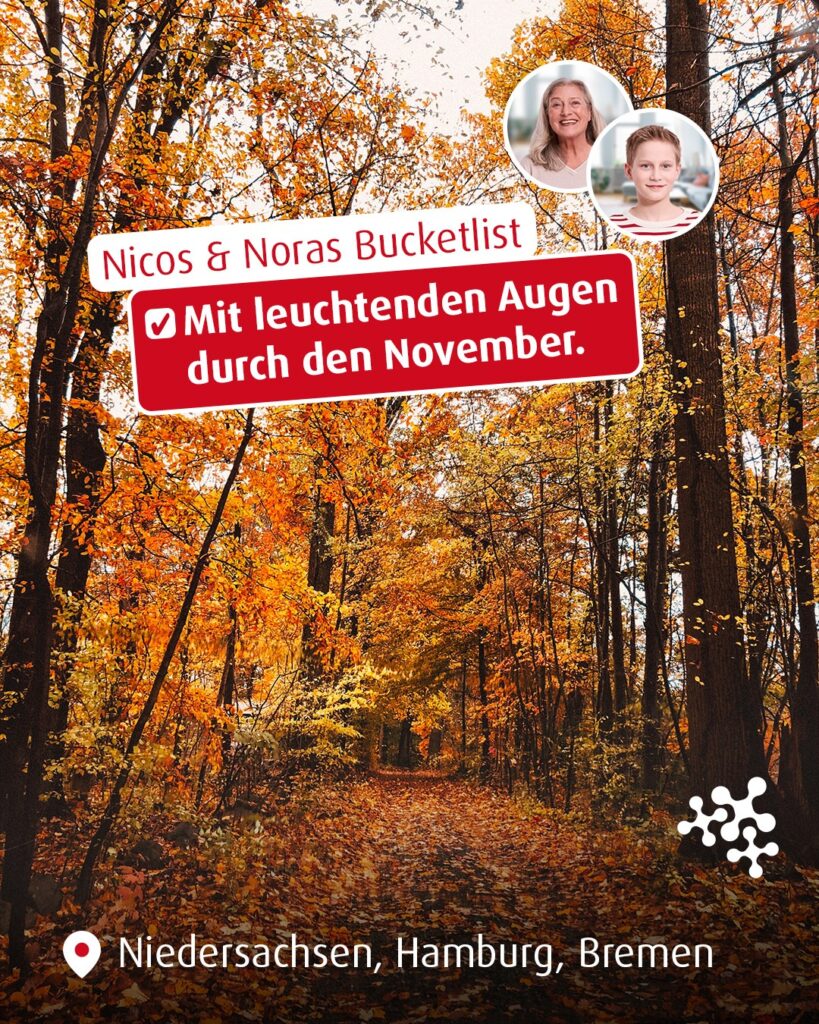 Die Blätter im Herbst leuchten zwar schon von ganz allein, aber im Dunkeln sind viele bunte Lichter einfach das Schönste! 🍂
Los geht der November mit dem Herbstmarkt in Westerstede. Ein paar Tage später wollen Nico und Nora in Bremen beim größten Laternenumzug der Stadt dabei sein. 🌟
Beim Adventfackelschwimmen in Otterndorf sind beide froh, bei den Temperaturen nicht ins Wasser hüpfen zu müssen. 🥶
So lässt es sich in die bevorstehende Weihnachtszeit starten! ✨
#Tagesausflug #Bucketlist #NiedersachsenTicket #Tipps #Niedersachsen #Hamburg #Bremen #klimafreundlich #nahverkehrszüge #family