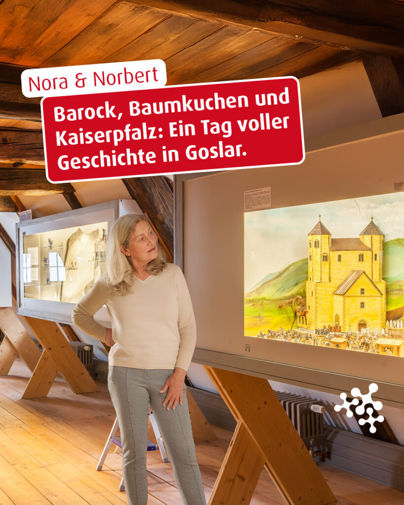 Nora und Norbert sind heute in Goslar unterwegs und auf dem Plan stehen Barock,  Geschichte und “kleine” Entdeckungen. ✨⁠
⁠
Nach einem ausgiebigen Frühstück im Barock-Café Anders hat Nora genug Energie, um Norberts Begeisterung für die unzähligen Details im Zinnfigurenmuseum zu teilen, wo winzige Szenen längst vergangener Zeiten lebendig werden. Und die Zeit vergeht wie im Flug. Als sie schließlich die Kaiserpfalz erkunden und den Tag mit einem Abendessen in der Alten Münze ausklingen lassen, sind sie vollends von der historischen Atmosphäre dieser Stadt begeistert. 🏰💛⁠
⁠
Bilder⁠
© Förderverein Goslarer Zinnfiguren-Museum e.V. Zinnfiguren-Museum Goslar, Klapperhagen 138640 Goslar, CC, via Wikimedia Commons⁠
© Geschichtsfanatiker, CC BY-SA 4.0, via Wikimedia Commons⁠
⁠
#Goslar #HistorischerTag #Kaiserpfalz #NiedersachsenTicket #keepexploring #GeschichteErleben⁠
