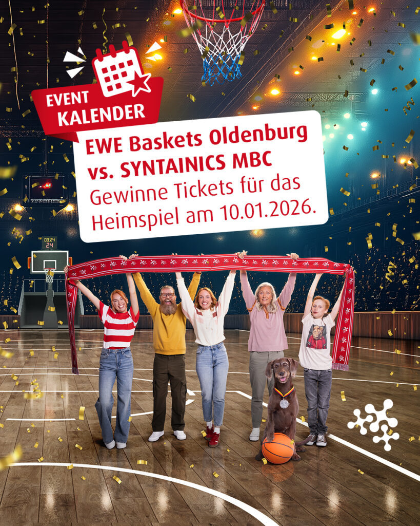 🏀 Adrenalin. Teamgeist. Gänsehaut!!⁠
Wenn am 10. Januar die EWE Baskets Oldenburg auf den SYNTAINICS MBC treffen, bebt die EWE Arena! 💛💙⁠
⁠
Und für dieses absolute Basketball-Highlight kannst du hier jetzt zwei VIP-Tickets gewinnen! 🙌⁠
⁠
Nämlich so:⁠
1️⃣ Folge uns.⁠
2️⃣ Folge den @ewebaskets.⁠
3️⃣ Kommentiere, aus welcher Stadt du anreist.⁠
⁠
Mit etwas Glück bist du dabei und kannst vor und nach dem Spiel noch ein bisschen in der Matthäi VIP-Lounge chillen – oder feiern. ✨⁠
⁠
Teilnahmeschluss ist der 14.12.2025 um 23:59 Uhr.⁠
⁠
#NiedersachsenTicket #EWEBaskets #Oldenburg #Basketball #Gewinnspiel #VIPErlebnis #Nahverkehrszüge #Sportmoment