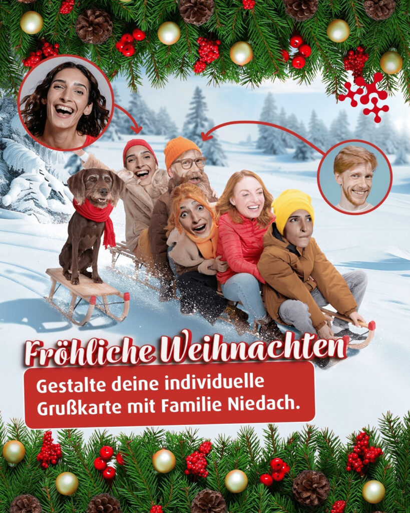 🎅✨ Dieses Jahr wird’s persönlich unterm Tannenbaum!⁠
⁠
Ob beim Bummeln über funkelnde Weihnachtsmärkte, beim fröhlichen Schlittenfahren oder eingekuschelt bei Kerzenschein – halte eure schönsten Momente fest! ❤️⁠
⁠
Mit unserer Aktion „Du & die Niedachs“ kannst du ganz einfach virtuell deine eigene Weihnachts- und Neujahrskarte gestalten – mit dir mittendrin im festlichen Motiv! 🎄📸⁠
⁠
So funktioniert’s:⁠
1️⃣ Motiv auswählen.⁠
2️⃣ Foto aufnehmen oder hochladen.⁠
3️⃣ Karte personalisieren – und fertig ist dein ganz besonderer Weihnachtsgruß! 🎁⁠
⁠
Mach deinen Liebsten eine Freude und verschicke ein Stück Weihnachtszauber! 🌟⁠
⁠
Jetzt entdecken auf www.niedersachsenticket.de⁠
⁠
#Weihnachten #NiedersachsenTicket #Weihnachtskarte #FrohesFest #Weihnachtsfreude #Familienzeit #Weihnachtsgrüße #Adventszeit #Christmas⁠