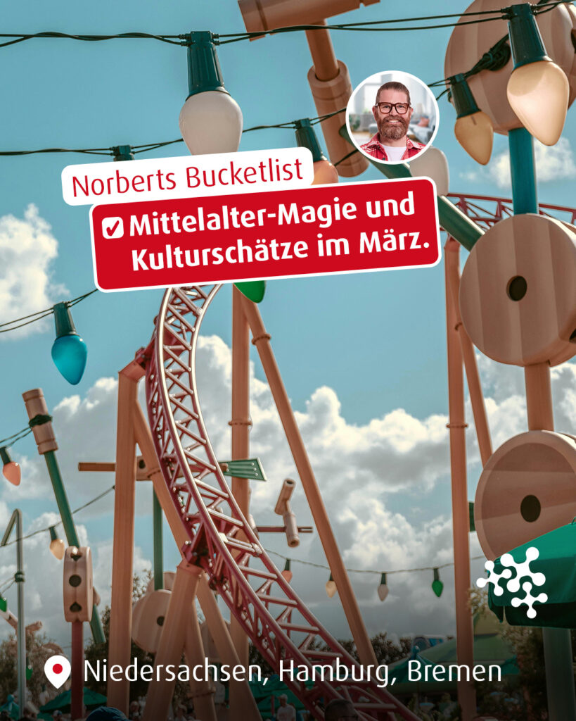 Norbert startet mit einer ordentlichen Portion Abwechslung in den Frühling! 🌸✨⁠
⁠
Los geht’s mit einer Reise in die Vergangenheit bei der „Mystica Hamelon“ in Hameln – Ritter, Mythen und magische Gestalten inklusive! ⚔️Musikalisch wird es dann in Einbeck: Bei den @kulturkrafttage.de gibt es gehörig was auf die Ohren. 🎶🥁 Zum Schluss geht’s dann noch auf den @hamburgerdom, wo Riesenrad und gebrannte Mandeln für die perfekte Jahrmarkt-Stimmung sorgen. 🎡⁠
⁠
Welches dieser Highlights steht auch bei dir auf dem Plan? Verrate es uns in den Kommentaren! 👇⁠
⁠
#NiedersachsenTicket #Tagesausflug #Niedersachsen⁠