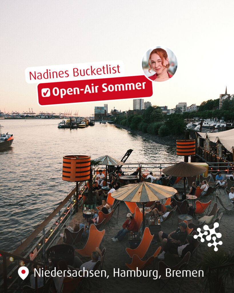 Nadines Plan für den August? Den Sommer so richtig auskosten! 🌅✨ Und wo geht das besser als draußen unter freiem Himmel?⁠
⁠
Gemeinsam mit ihren Freundinnen zieht es Nadine an lauen Sommerabenden von einem Open-Air-Highlight zum nächsten.⁠
Erst geht’s zum Tanzen vor die Bühnen auf dem appletree garden Festival, dann zum Schlemmen direkt ans Wasser beim Maschseefest in Hannover und für den perfekten Ausklang sorgt ein entspannter Abend beim Theater Beach in Osnabrück. 🎶 ⚓ 🌴⁠
⁠
Welches Open-Air-Highlight darf auf deiner Bucketlist nicht fehlen? Schreib es in die Kommentare! 👇