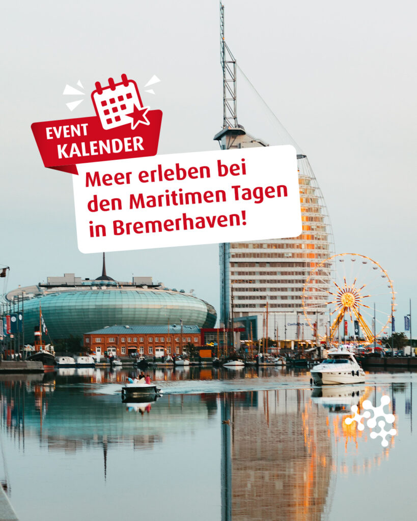 Eine frische Brise in den Haaren, den Blick weit über das Wasser gerichtet und Seefahrerromantik im Herzen: ⁠
Vom 12. bis 16. August verwandelt sich Bremerhaven wieder in ein maritimes Paradies! 🌊 ⚓️⁠
⁠
Dein bester Kurs dorthin: Schnapp dir deine Crew und schippere ganz entspannt mit dem Niedersachsen-Ticket hin. So spart ihr euch den Stress mit der Parkplatzsuche am Hafen. 🚆 🙌⁠
⁠
Bist du mit an Bord? 👀⁠
⁠
@maritime_tage_bremerhaven