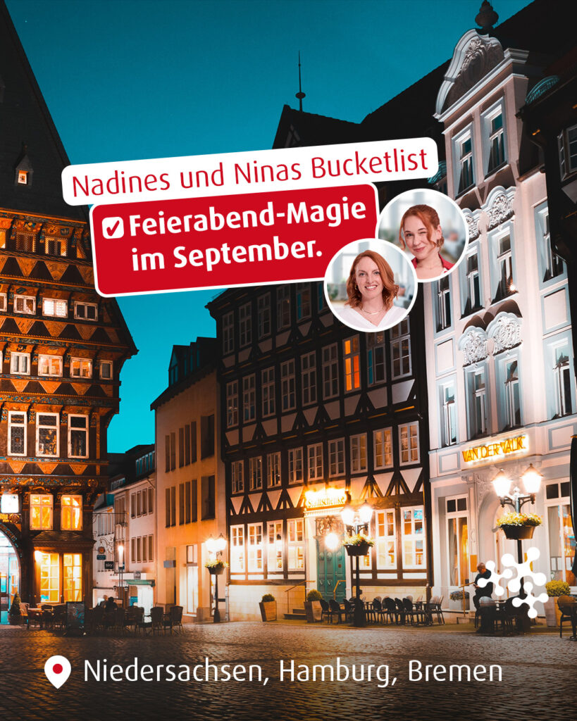Die Nächte im Spätsommer bringen eine ganz eigene Magie mit sich! ✨ 🌙
Nadine und Nina sind echte Nachtschwärmerinnen. Deshalb zieht es sie nach Feierabend nach draußen. Im September findet man sie staunend zwischen den Lichtinstallationen in Bad Zwischenahn, entspannt stöbernd auf dem Nachtflohmarkt in Osnabrück und auf dem Herbstmarkt in Stade. 🍂 🛍️ 🎡
Welches Highlight bringt deine Septembernächte zum Leuchten?👇
