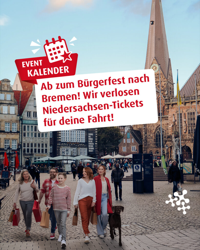 Feiert die Einheit in ihrer schönsten Form! 🎉
Vom 2. bis 4. Oktober wird in Bremen unter dem Motto „Viele Stärken – ein Land“ der Tag der deutschen Einheit gefeiert. 🥳
Dort triffst du auf coole Live-Auftritte, kulinarische Highlights, Workshops und vieles mehr! 🎶 🥨 🎈
Damit du ganz entspannt zum Bürgerfest kommst, verlosen wir zwei Niedersachsen-Tickets für jeweils zwei Personen und so einfach geht's:
1️⃣ Like den Post. 💛
2️⃣ Folge uns. 😊
Viel Erfolg! ✨
Teilnahmeschluss ist der 24.9.2026 um 23:59 Uhr.
Bild 1: © Feyza Nur via Pexels
Bild 2: © Monster4711, CC0, via Wikipedia Commons
Bild 3: © Levent Simsek via Pexels