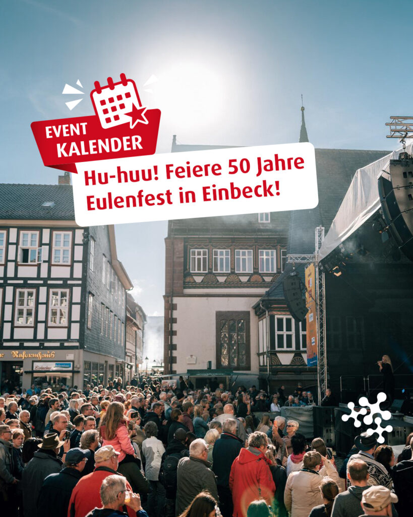 Vom 9. bis 11. Oktober wird das historische Fachwerk in Einbeck zum 50. Mal zur stimmungsvollsten Kulisse der Region.
Freu dich auf drei Tage voller Highlights – zwischen Riesenrad-Panorama, dem Winterbock-Anstich, bunter Tombola und Sonntags-Shopping. 🥳 🎤 ✨
Mit welchem Party-Kauz fliegst du durch die Altstadt? Markier deine Begleitung! 👇
Bild: © Bühne beim Eulenfest 2022 CC-BY-SA 4.0 / Florian Spieker